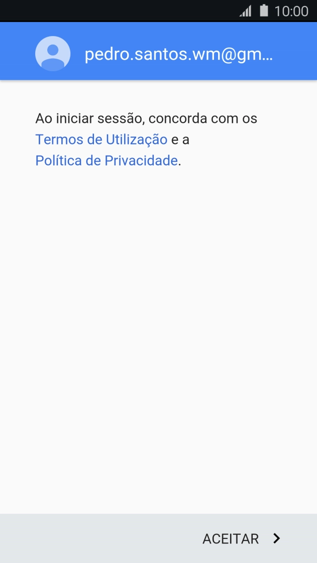 Prima ACEITAR e siga as indicações no ecrã para escolher as definições da conta Google.