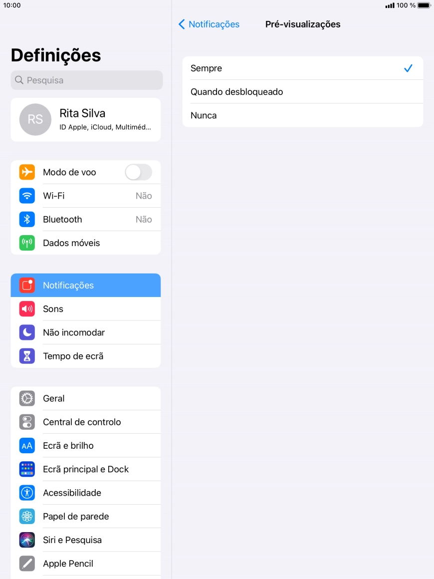 Para escolher a pré-visualização de notificações no ecrã bloqueado, prima Sempre.