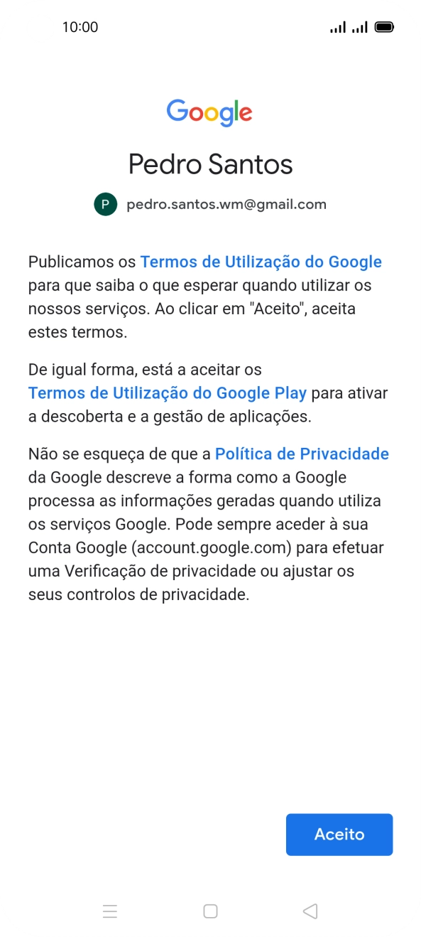 Prima Aceito e siga as indicações no ecrã para escolher as definições da conta Google.