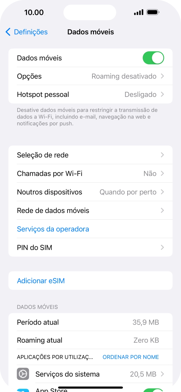 O consumo total de dados é mostrado junto a Período atual.