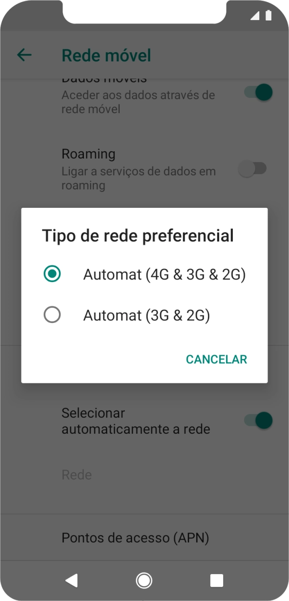 Prima o tipo de rede pretendido.