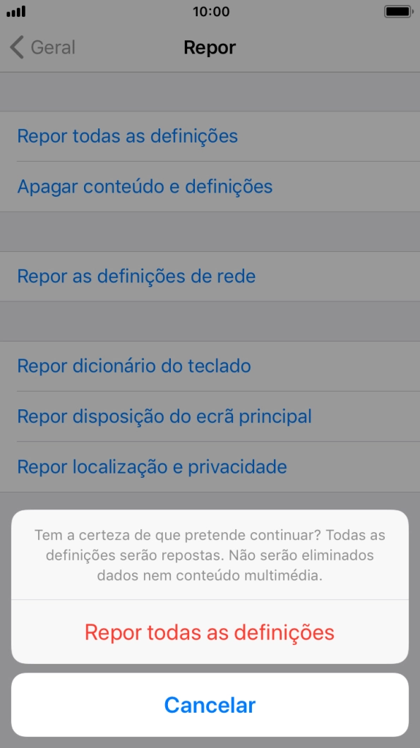 Prima Repor todas as definições. Aguarde um momento enquanto o telefone restabelece as definições originais. Siga as indicações no ecrã para configurar o telefone de modo que este fique pronto a ser utilizado.