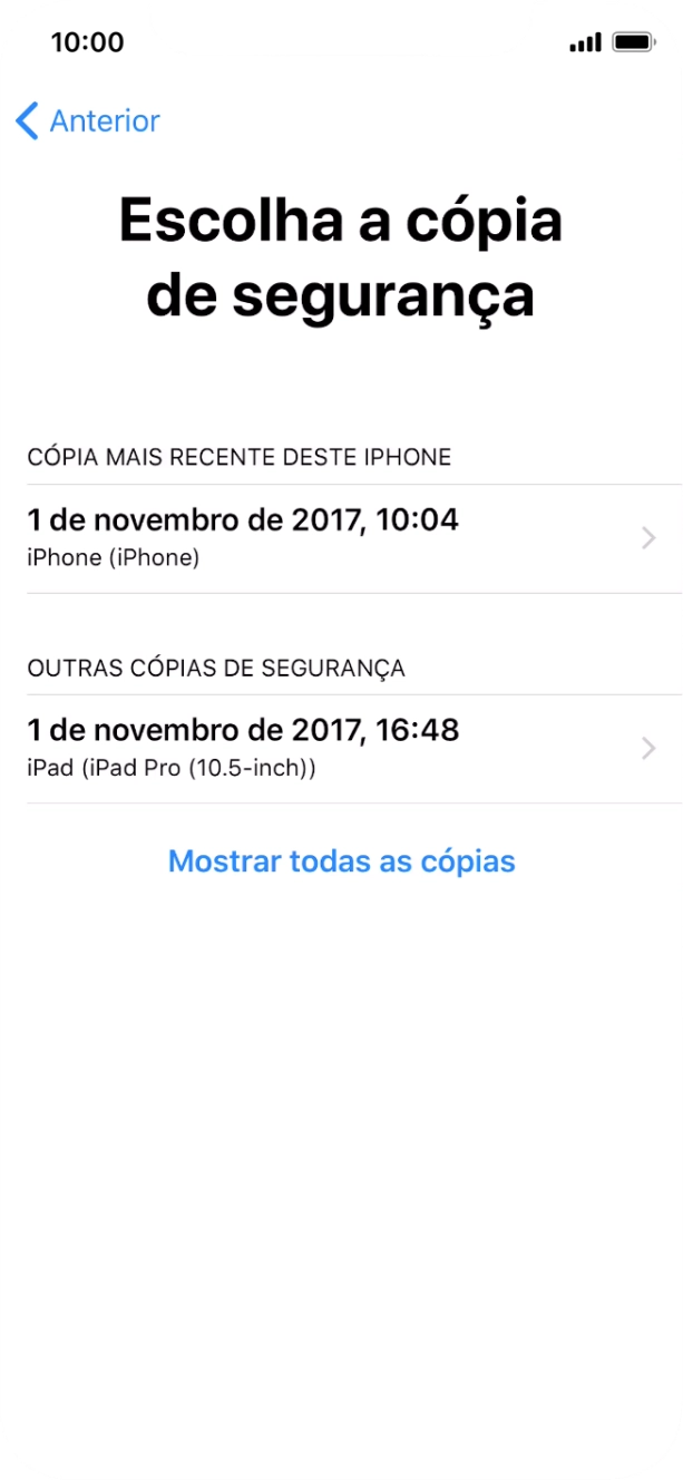 Prima a cópia de segurança pretendida e aguarde enquanto o telefone restaura o conteúdo a partir da cópia de segurança escolhida. Siga as indicações posteriores no ecrã para configurar o telefone de modo que este fique pronto a ser utilizado.