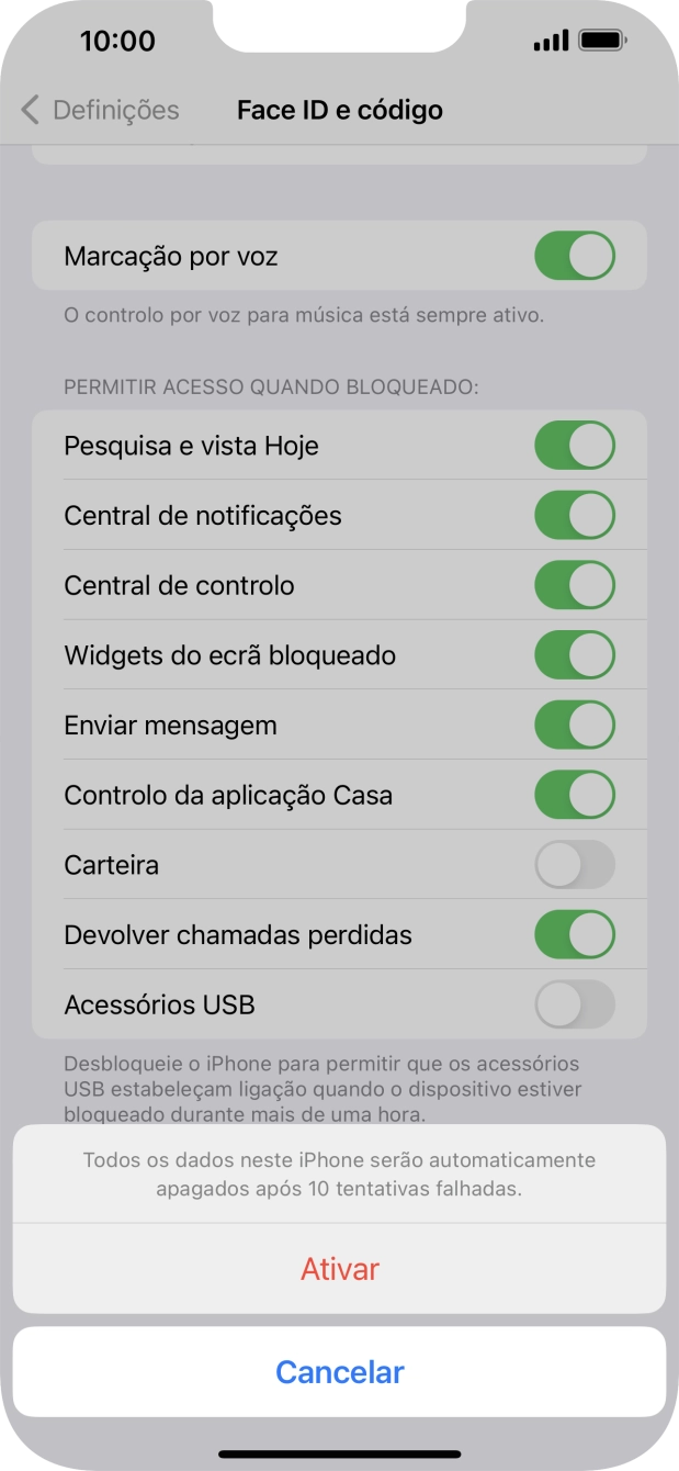 Se ativar a função, prima Ativar.