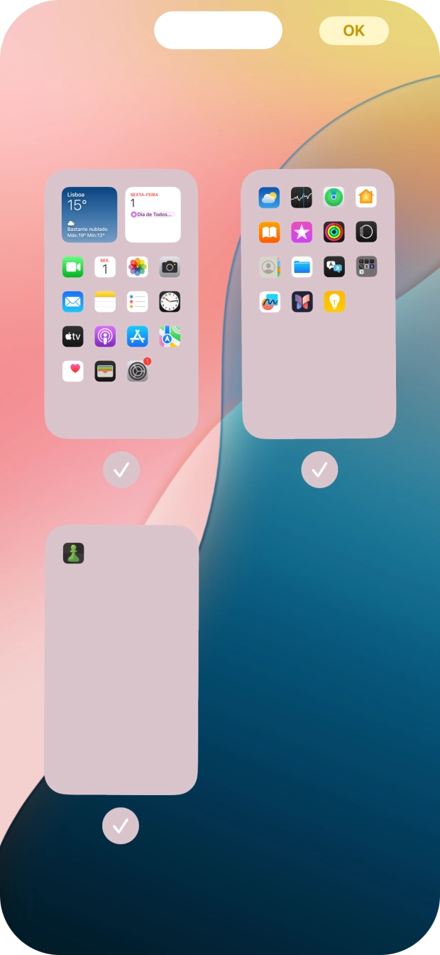 Prima os campos sob as páginas do ecrã inicial pretendidas, para ativar ou desativar a exibição de páginas.