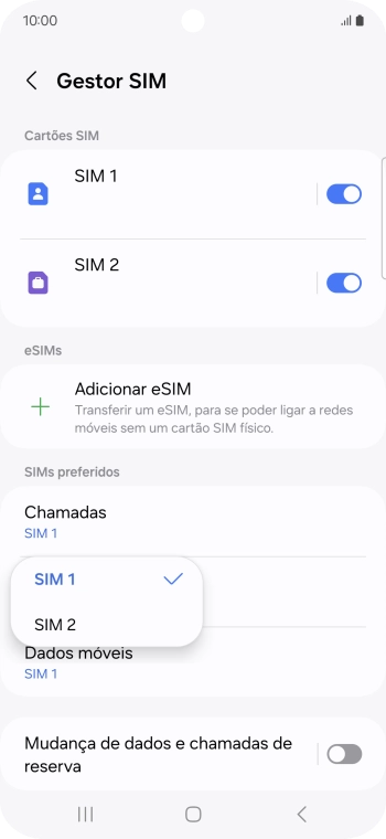 Prima o cartão SIM pretendido.