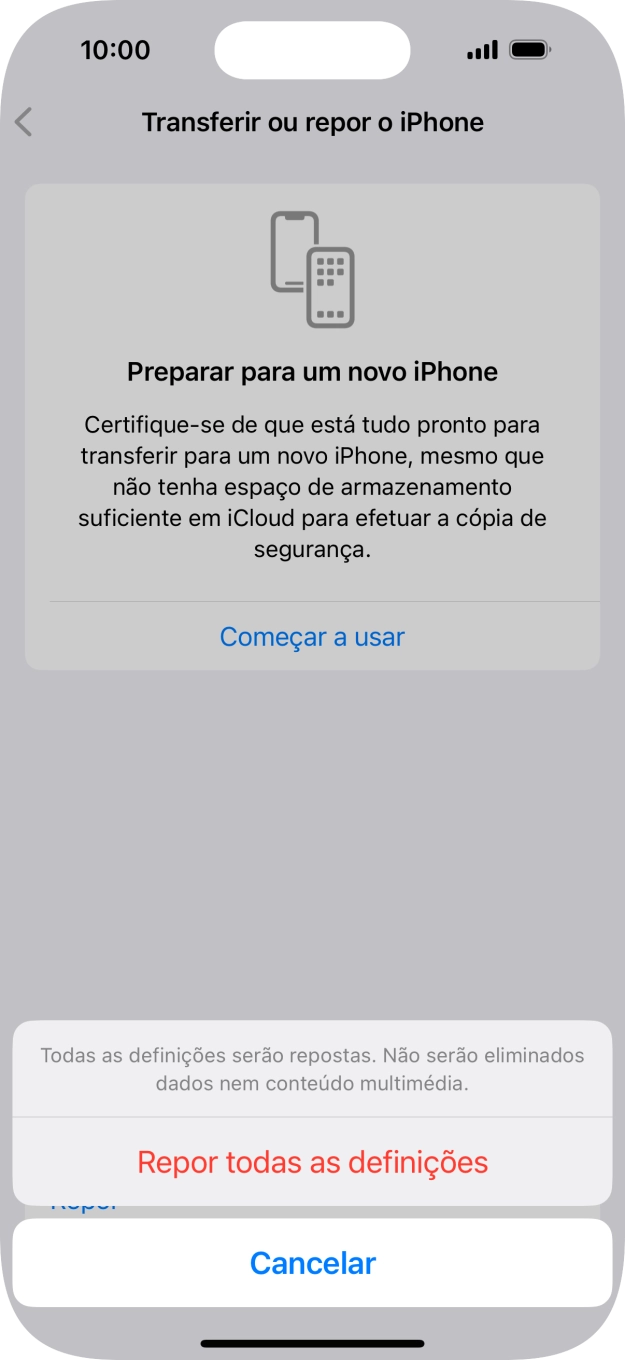 Prima Repor todas as definições.