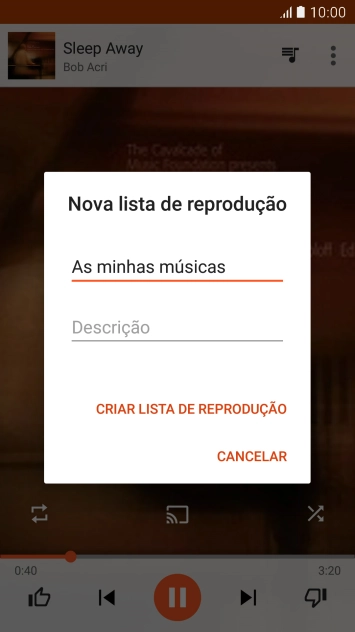 Introduza o nome pretendido para a lista de reprodução e prima CRIAR LISTA DE  REPRODUÇÃO.