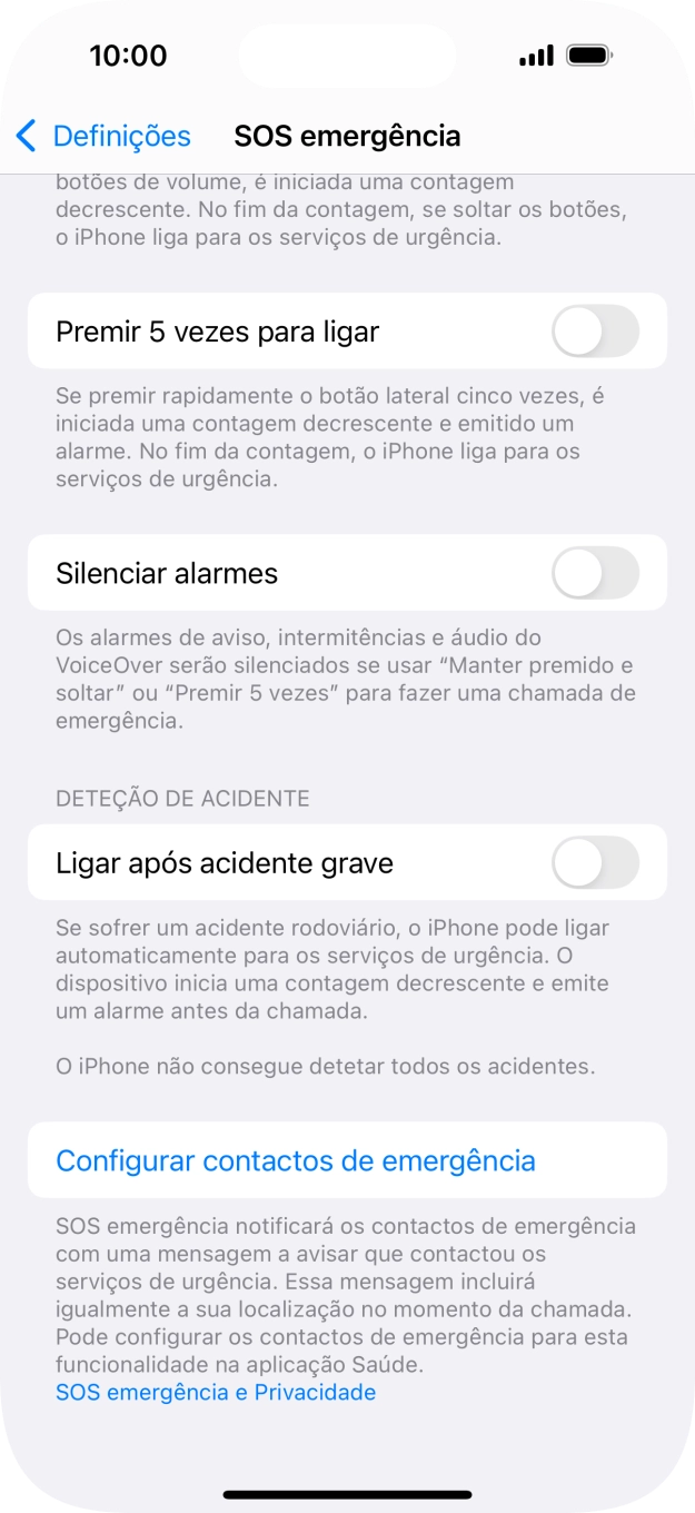 Prima Configurar contactos de emergência e siga as indicações no ecrã para introduzir a sua informação de emergência e os seus contactos de emergência.