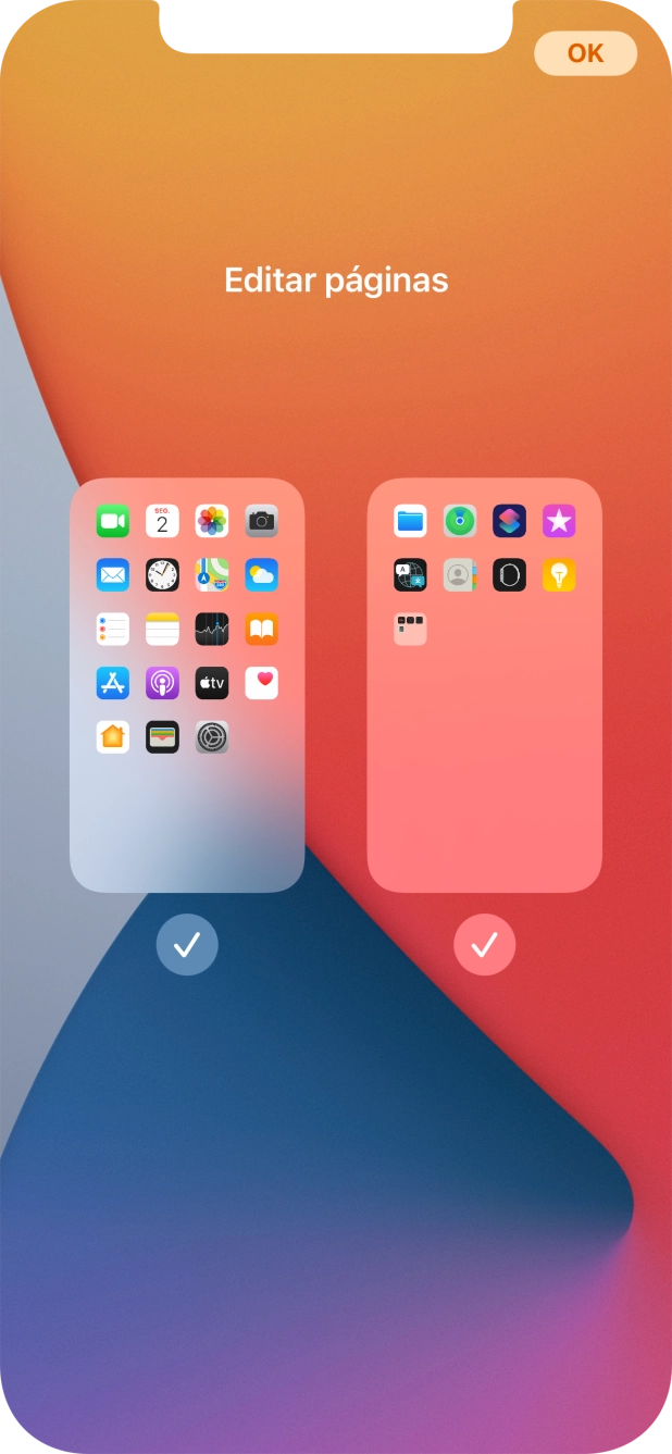 Prima os campos sob as páginas do ecrã inicial pretendidas, para ativar ou desativar a exibição de páginas.