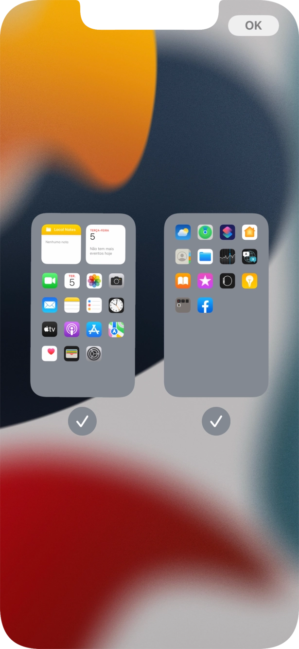 Prima os campos sob as páginas do ecrã inicial pretendidas, para ativar ou desativar a exibição de páginas.
