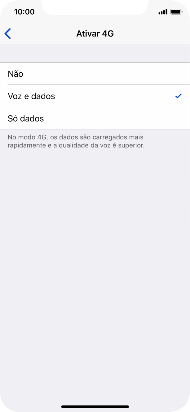 Para desativar o uso de 4G, prima Não.