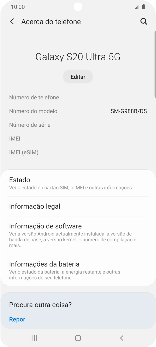 O código IMEI é mostrado no ecrã.