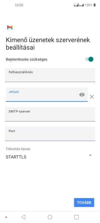 Kattints az „SMTP-szerver” alatti mezőre, és írd be az e-mail szolgáltatód kimenő szerverének a nevét.