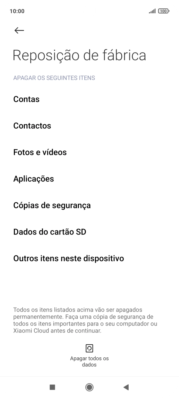 Prima Apagar todos os dados.