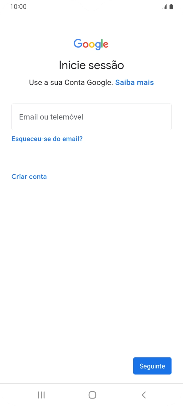 Se não tiver uma conta Google, prima Criar conta e siga as indicações no ecrã para criar uma conta.