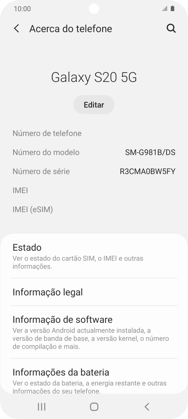 O código IMEI é mostrado no ecrã.
