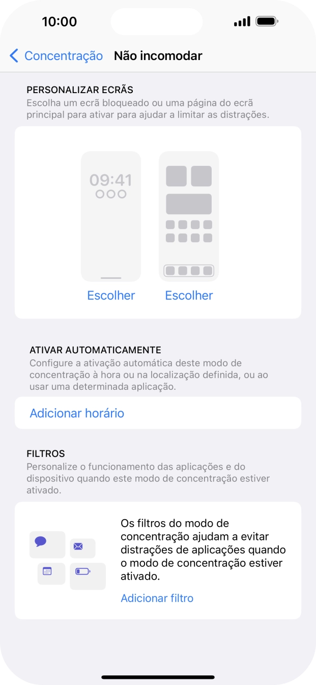 Prima Adicionar horário e siga as indicações no ecrã para escolher as definições para ativação automática da função 