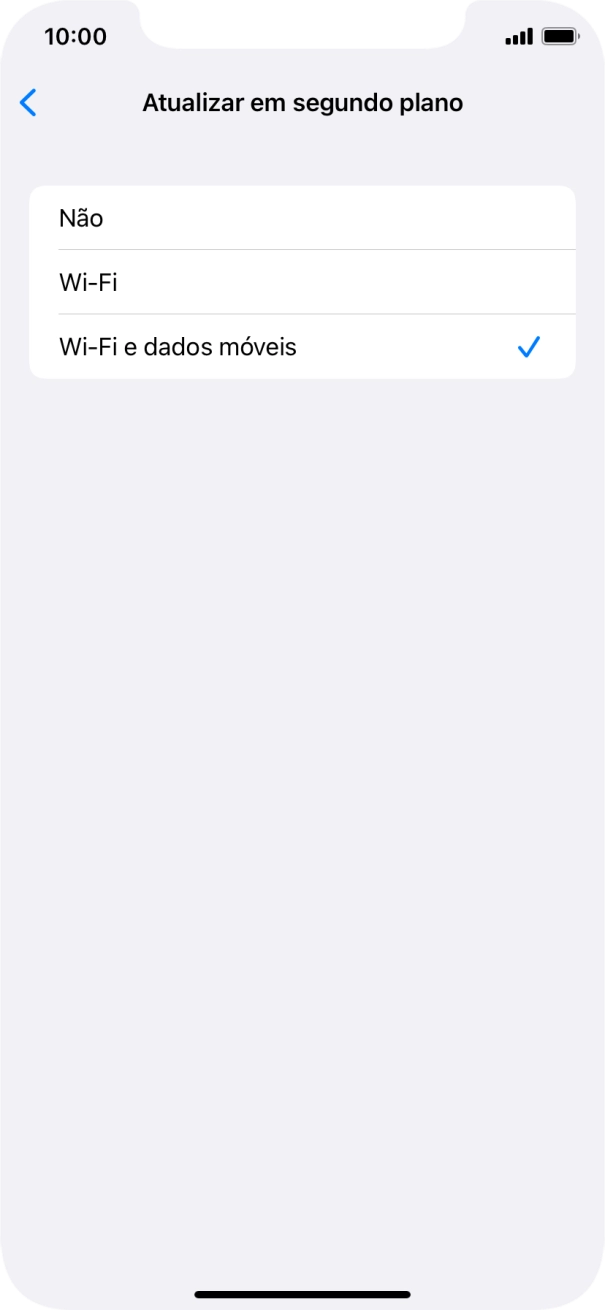 Para desativar a atualização de apps em segundo plano, prima Não.