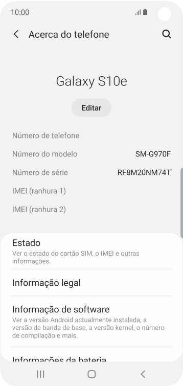 O código IMEI é mostrado no ecrã.