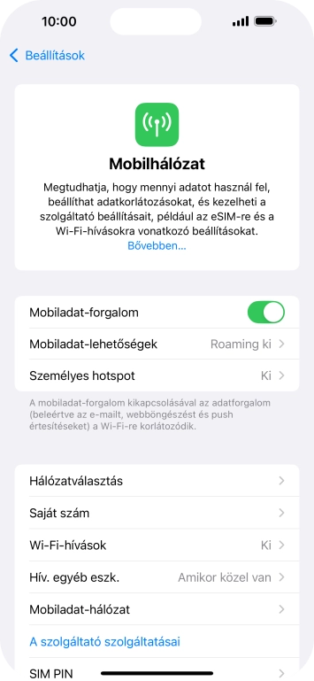 Kattints a „Mobiladat-forgalom” melletti csúszkára a funkció be- vagy kikapcsolásához.