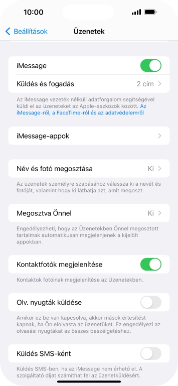 Kattints a „Küldés SMS-ként” melletti csúszkára a funkció be- vagy kikapcsolásához.