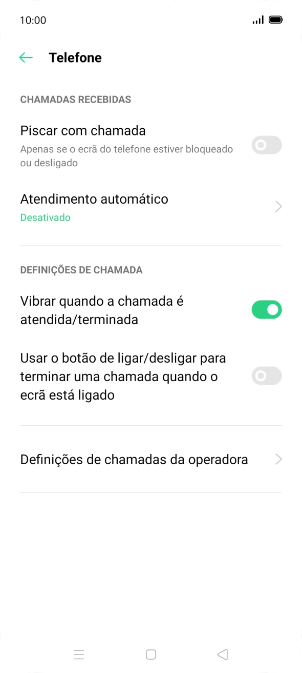 Prima Definições de chamadas da operadora.