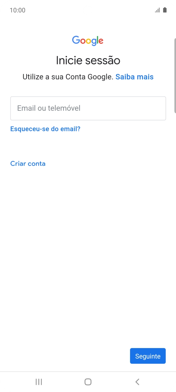 Se não tiver uma conta Google, prima Criar conta e siga as indicações no ecrã para criar uma conta.