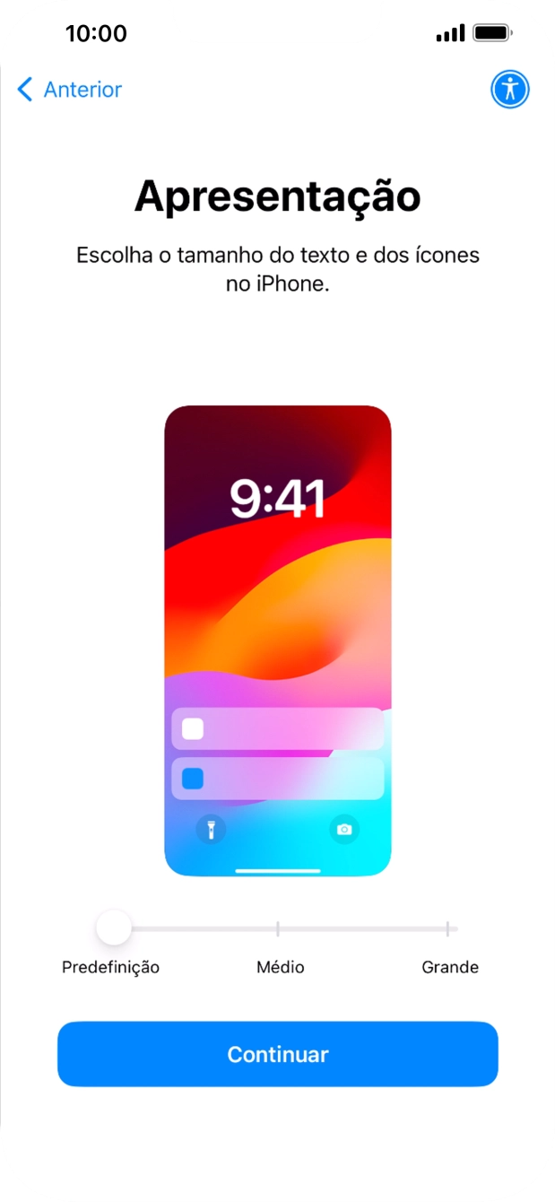 Escolha o tamanho pretendido para o texto e ícones no telefone e prima Continuar.