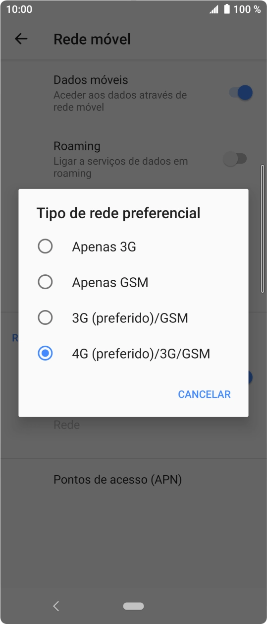 Prima o tipo de rede pretendido.