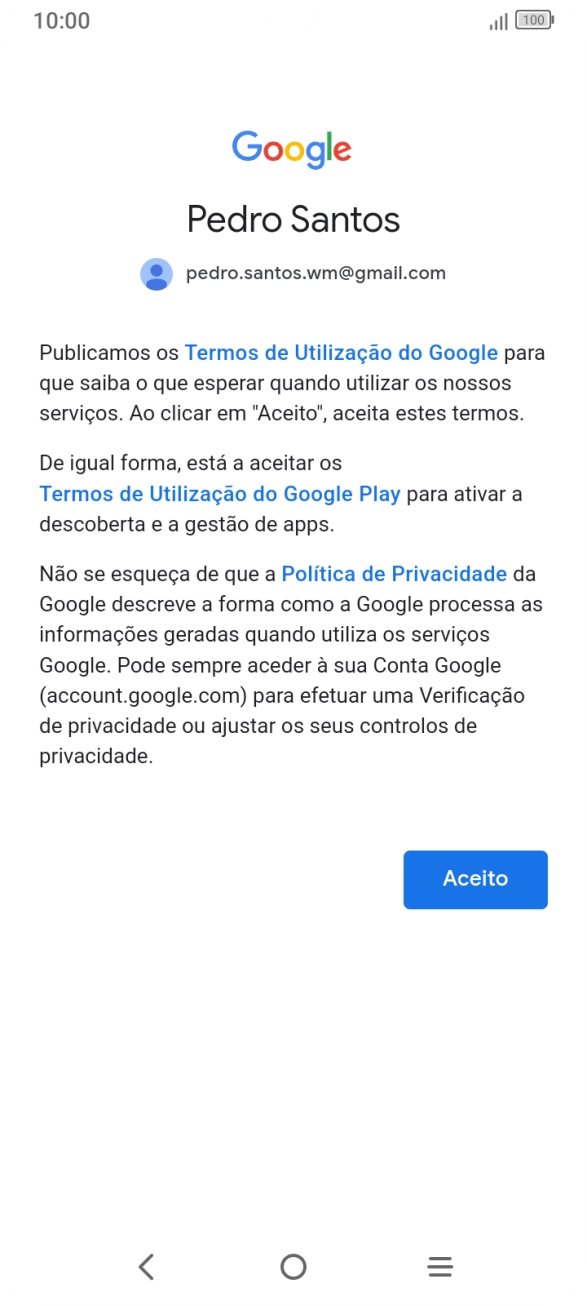 Prima Aceito e siga as indicações no ecrã para escolher as definições da conta Google.