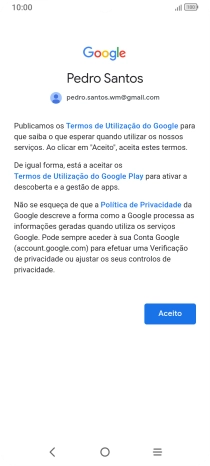 Prima Aceito e siga as indicações no ecrã para escolher as definições da conta Google.