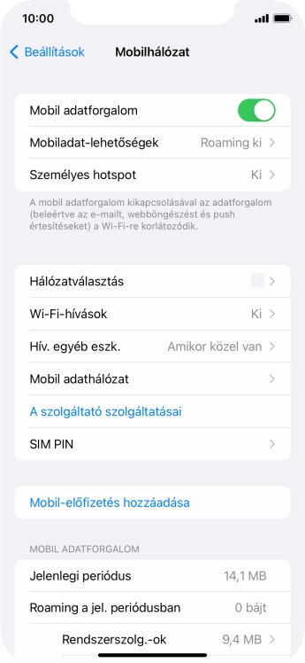 Kattints a „Mobil adatforgalom” melletti csúszkára a funkció be- vagy kikapcsolásához.