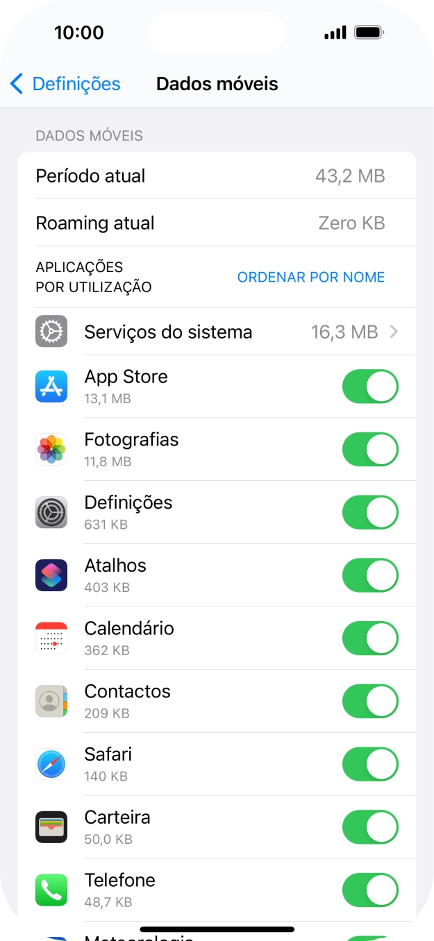 Prima o indicador junto das aplicações pretendidas para ativar ou desativar a função.