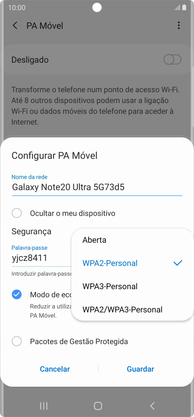 Prima WPA2-Personal para proteger o hotspot Wi-Fi com uma password.