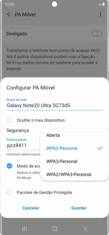 Prima WPA2-Personal para proteger o hotspot Wi-Fi com uma password.