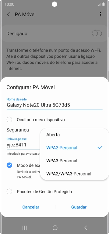 Prima WPA2-Personal para proteger o hotspot Wi-Fi com uma password.