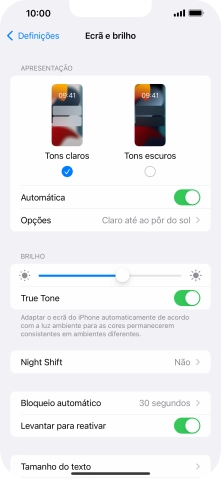 Quando ativar a função, prima Opções e siga as indicações no ecrã para escolher o período pretendido para o Modo Escuro.