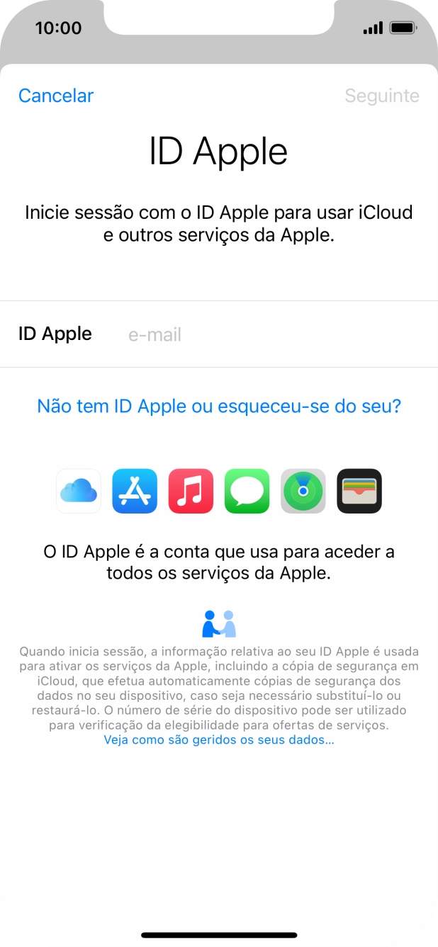 Se não tiver um ID Apple, prima Não tem ID Apple ou esqueceu-se do seu? e siga as indicações no ecrã para criar um ID Apple.