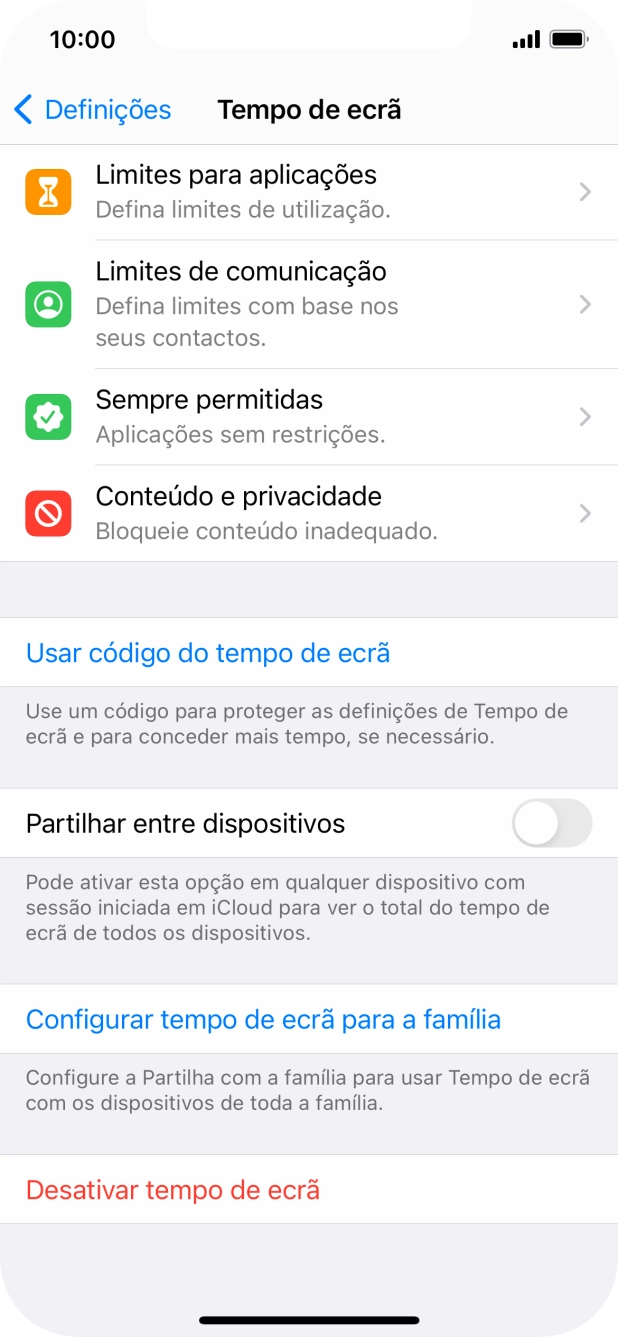 Prima Usar código do tempo de ecrã e siga as indicações no ecrã para escolher uma password para o Tempo de ecrã.