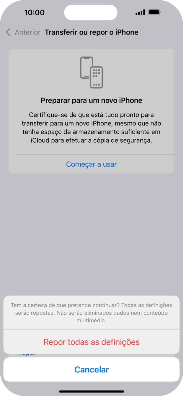 Prima Repor todas as definições. Aguarde um momento enquanto o telefone restabelece as definições originais. Siga as indicações no ecrã para configurar o telefone de modo que este fique pronto a ser utilizado.