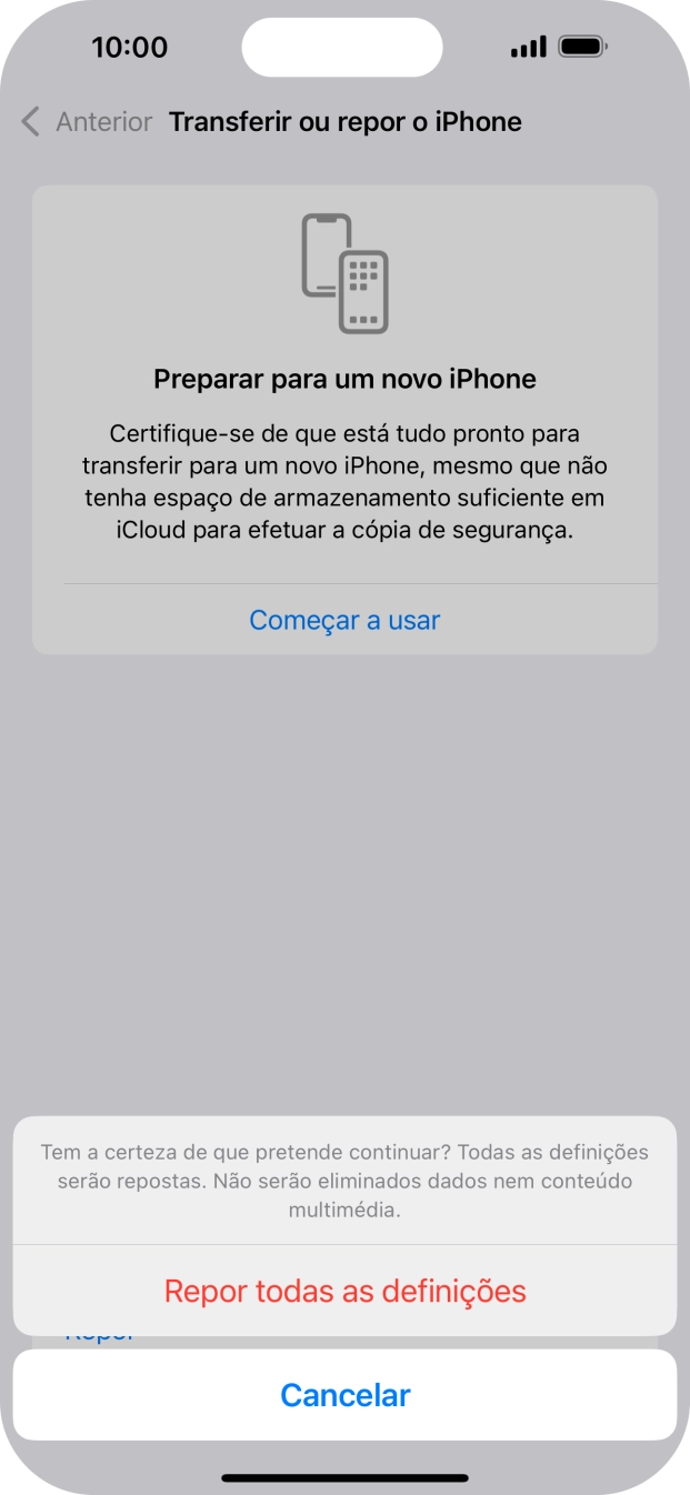 Prima Repor todas as definições. Aguarde um momento enquanto o telefone restabelece as definições originais. Siga as indicações no ecrã para configurar o telefone de modo que este fique pronto a ser utilizado.