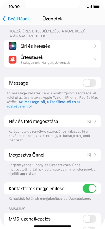 Kattints az „iMessage” melletti csúszkára a funkció bekapcsolásához.