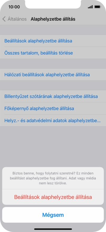 Válaszd a Beállítások alaphelyzetbe állítása lehetőséget. Várj egy kicsit, amíg a telefon visszaállítja a gyári beállításokat. A telefon konfigurálásához és ahhoz, hogy üzemkész állapotba hozd, kövesd a képernyőn megjelenő utasításokat.