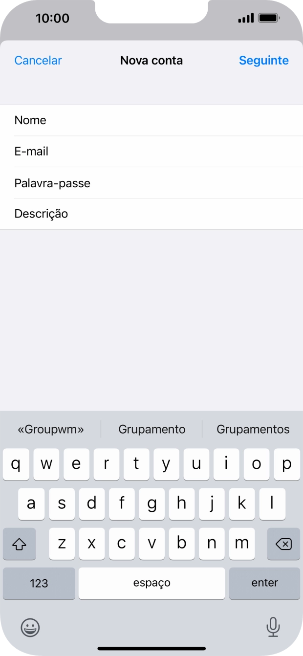 Prima Descrição e introduza o nome pretendido da conta de e-mail.