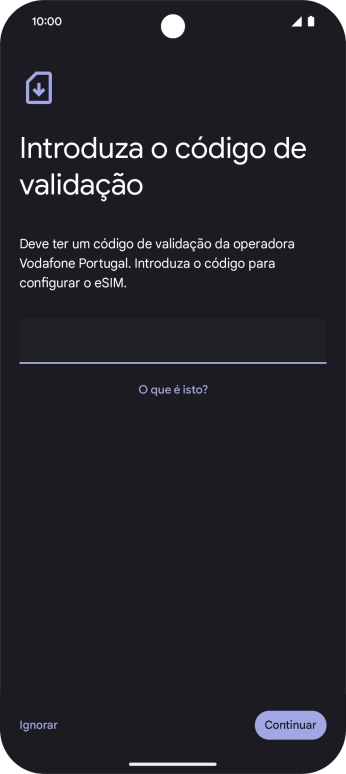 Introduza o código de confirmação enviado e prima Continuar.