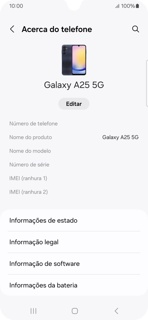 O código IMEI é mostrado no ecrã.