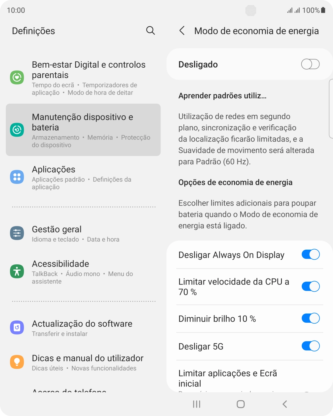 Prima o indicador junto às definições pretendidas para ativar ou desativar as funções.