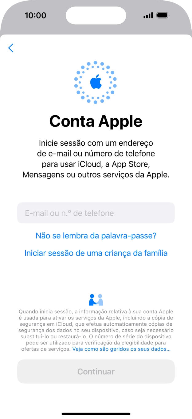 Prima E-mail ou n.º de telefone e introduza o nome de utilizador do seu ID Apple.