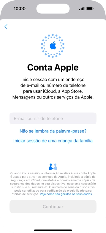 Prima E-mail ou n.º de telefone e introduza o nome de utilizador do seu ID Apple.
